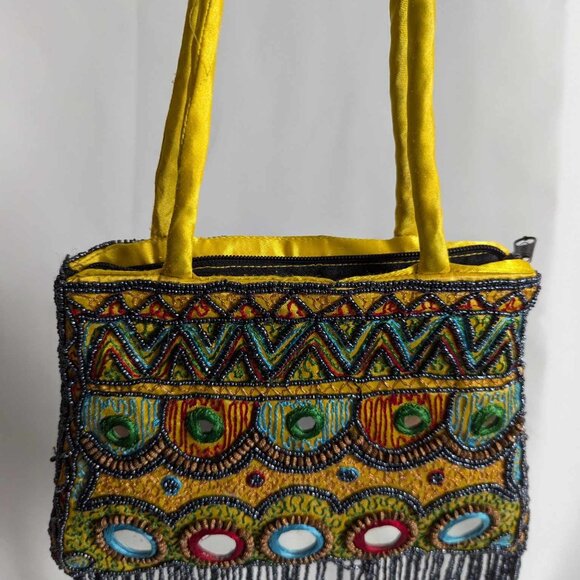 Vibrant Yellow Embellished Boho Purse with Beaded Fringe - Picture 2 of 7